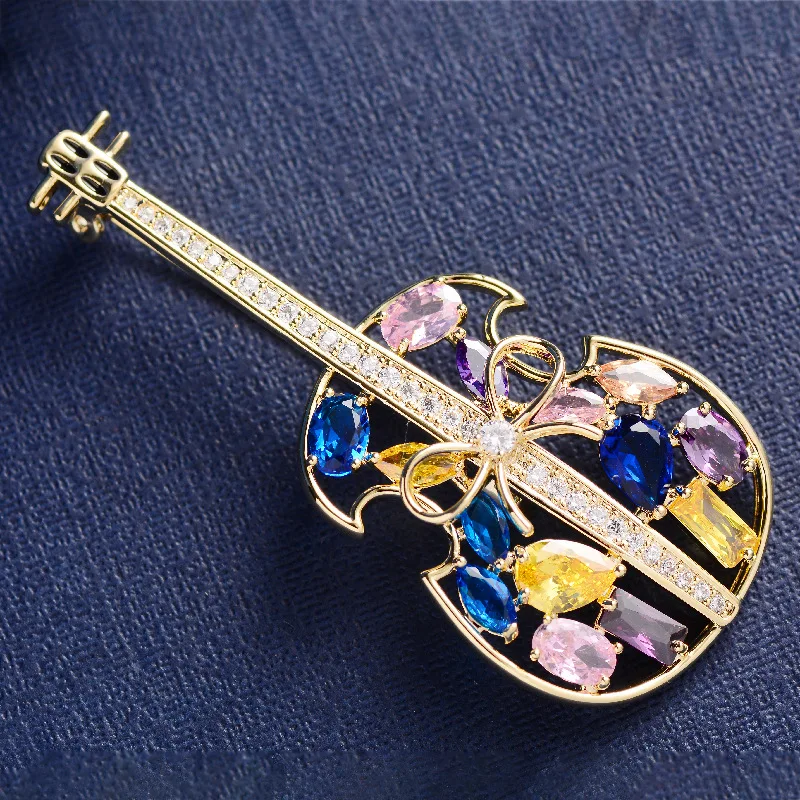 Elegant and Fashionable Zircon Guitar Brooch Temperament Musical Instrument Cute Bowknot Coat  Brooch Hiphop/Rock Pin for Woman