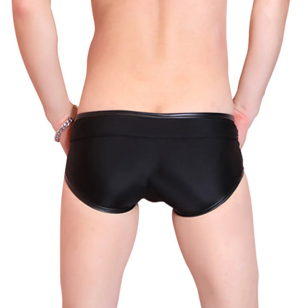 Men Sexy Shorts Low Waist Faux Leather Swimming Underwear Stylish