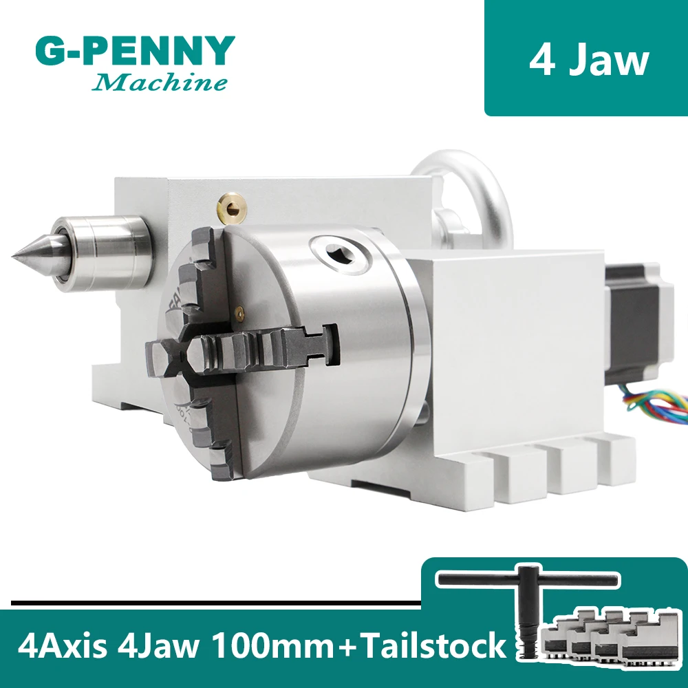 4 Jaw 100mm 4th Axis with Nema23 stepper motor Gapless harmonic gearbox reducer A axis + Tailstock for CNC woodworking machine!
