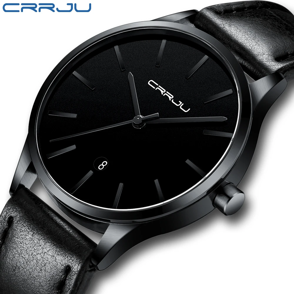 Mens Watches CRRJU Full Steel Casual Waterproof Watch for Man Leather Quartz Watch Men's Dress Calendar Watch Relogio Masculino