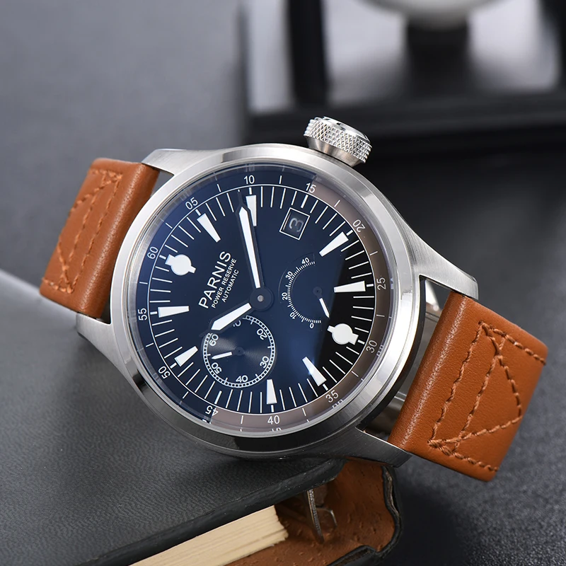 Fashion Parnis 46.5mm Silver Case Automatic Men Watch Power Reserve Calendar Mechanical Men's Sports Watches reloj hombre Gift
