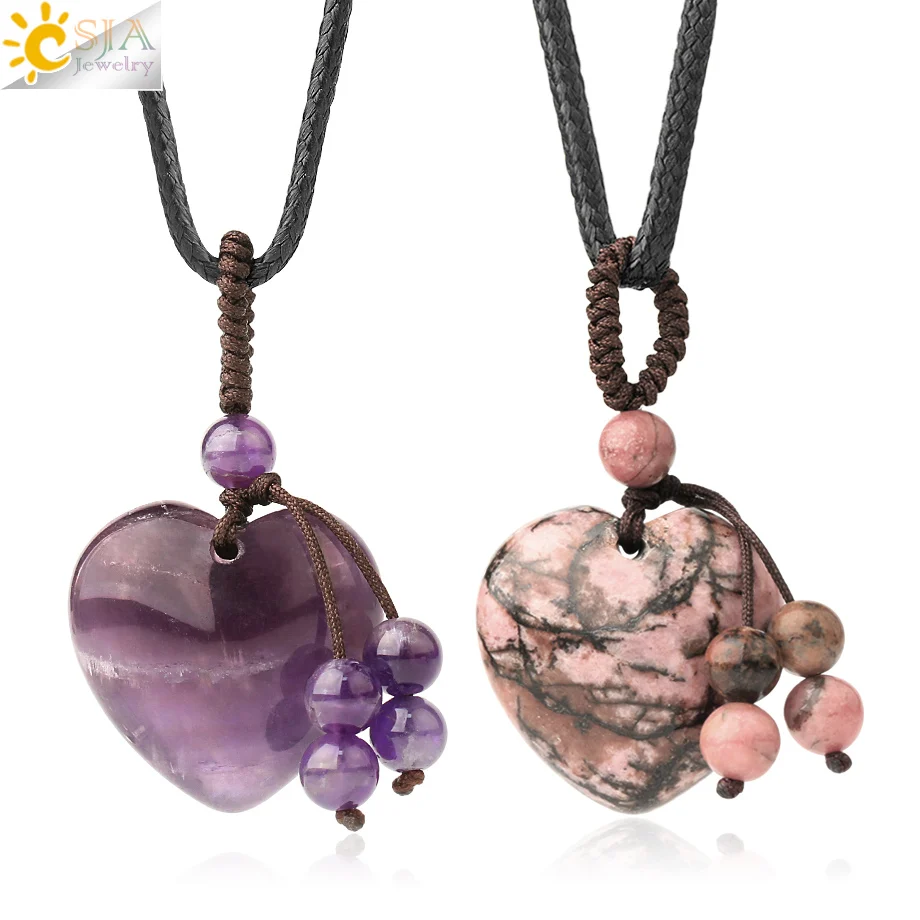 Collar con Colgante de Piedra Natural en Forma de Corazón de 25 mm, Cristal Morado Sodalita, Cuerda Trenzada, Joyería para Mujer G535, CSJA