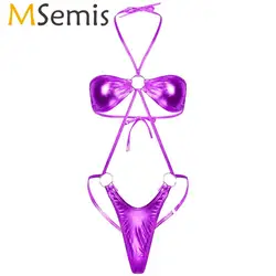 Damskie stroje kąpielowe mikrobikini stroje kąpielowe metalowe Halter Neck Backless proca Mini Trikini g-srting stringi Teddy body