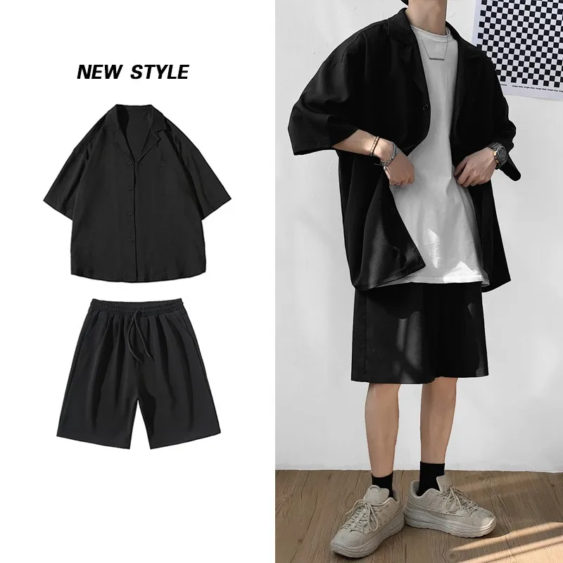 Summer 2 Piece Set Men Suit Jacket and Shorts Oversized Clean Fit Male Clothes Korean Style Casual Loose Short Shirt Outfits Man