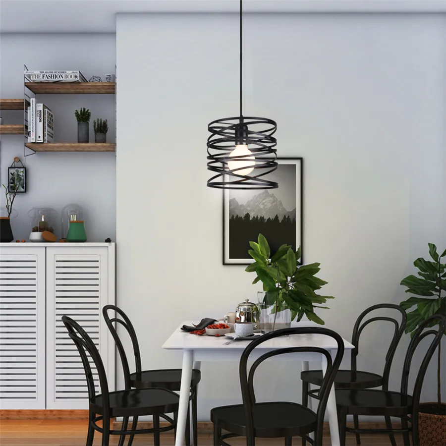 Metal Wire Pendant Light Vintage Ribbon Spiral Swirl Ceiling Hanging Lamp Shade for Living Room Kitchen Suspension Luminaire