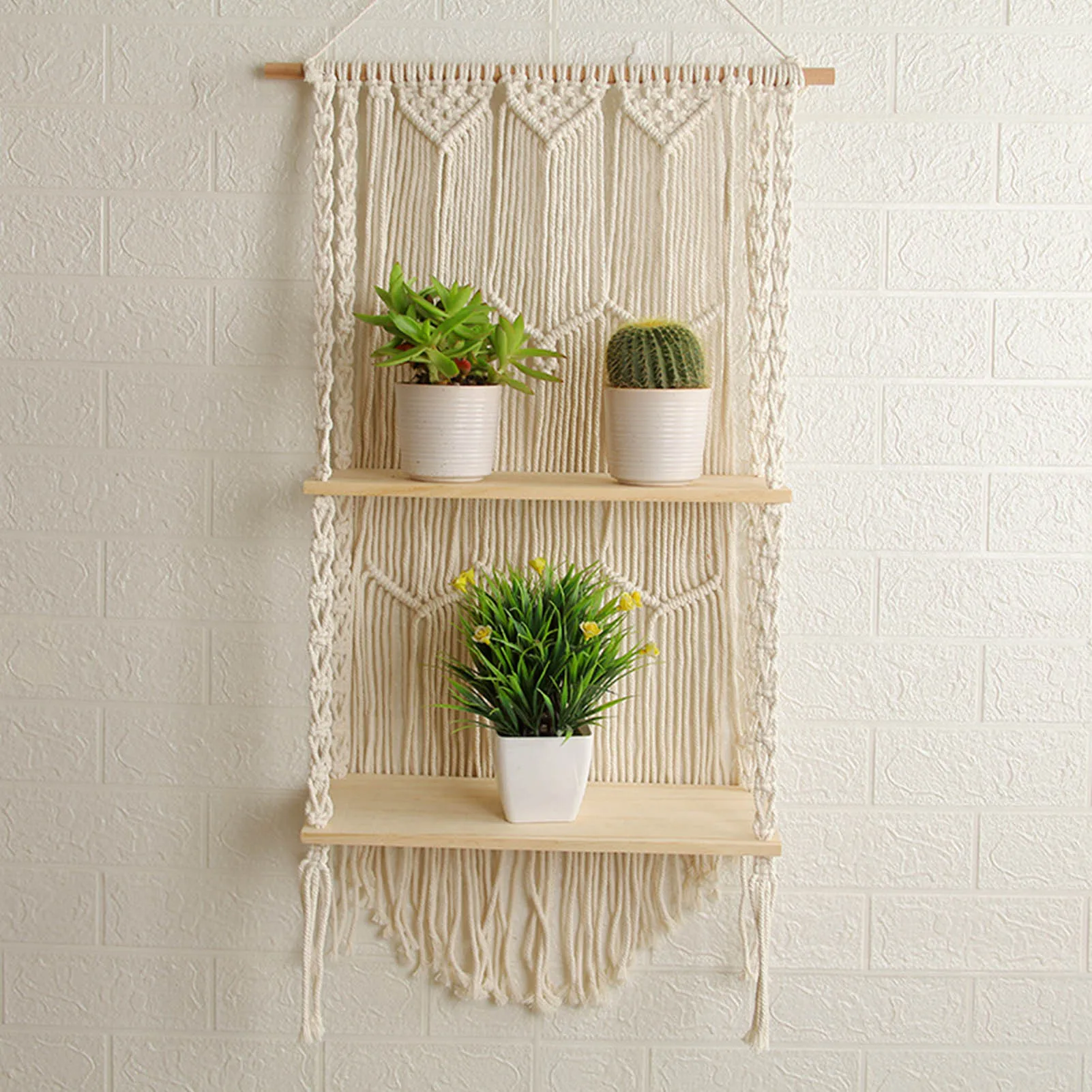 Böhmischen Stil Hand-Woven Wandbehang Tapisserie Holz Regal Pflanzer Korb 2 Tier Hängen Rack Kunst Wand Regale Macrame