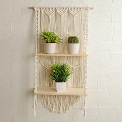 Bohemian Style Hand-Woven Wall Hanging Tapestry Wood Shelf Planter Basket 2 Tier Hanging Rack Art Wall Shelves Macrame