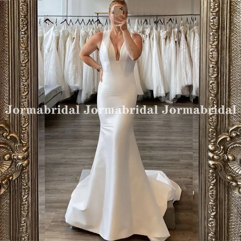 

Chic Satin Mermaid Wedding Dress Sexy V-Neck Robe De Mariee Bride Gowns Summer Beach Sleeveless Marriage Dresses Vestido Novia