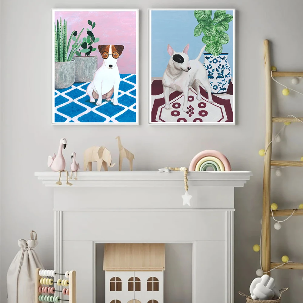 English Bull Terrier With Plant Cartoon Posters And Prints Cute Dogs Canvas Painting Wall Art Pictures For Kid's Bedroom Decor