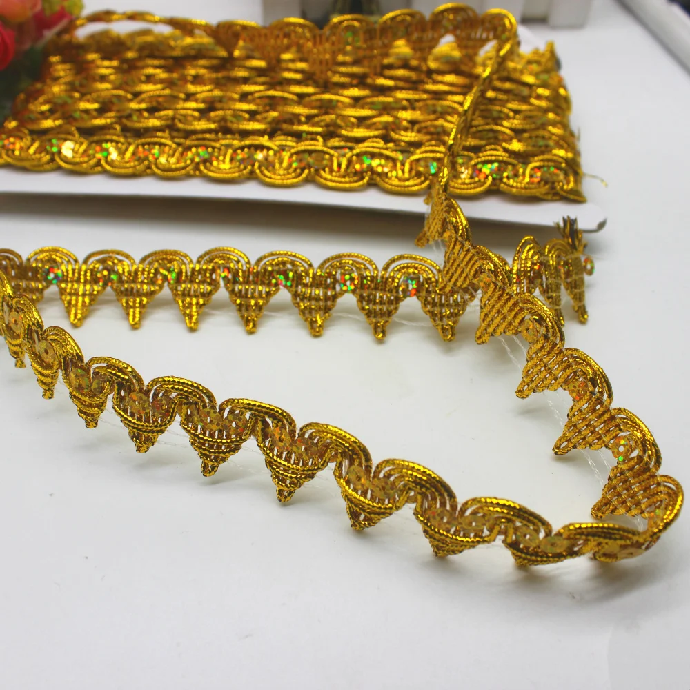 Gold Lace Appliques 9 Yds/Lot Sewing Apparel Trims Sequined Embroidery Ribbons Costumes Accessories 2.3CM