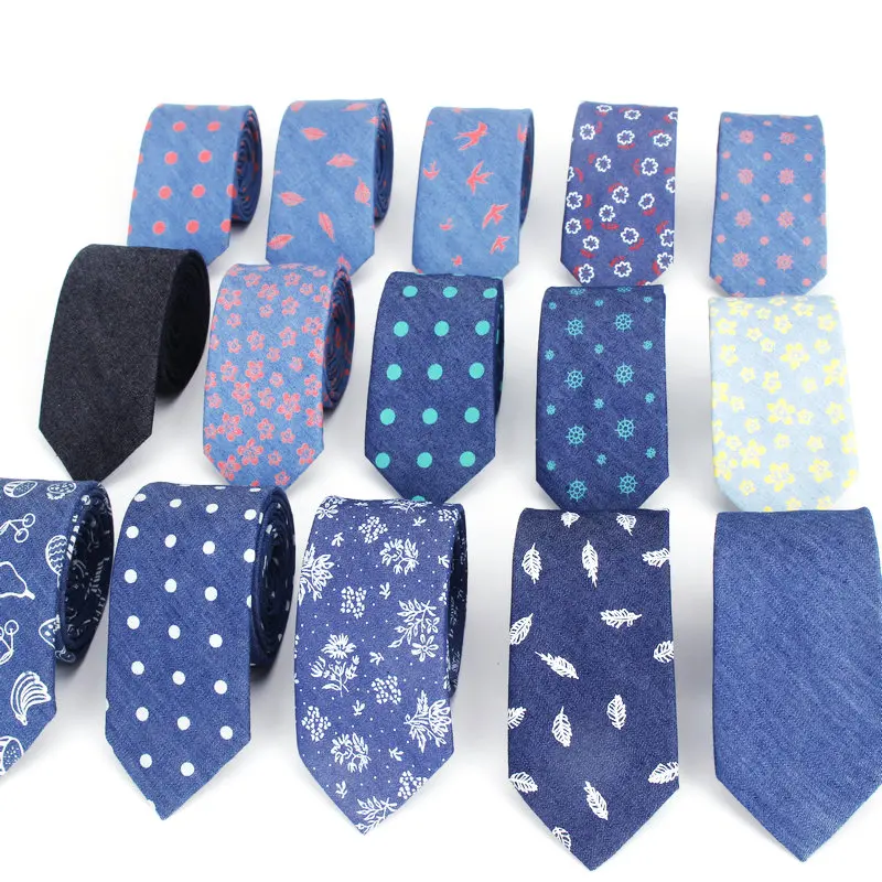 

Cotton Denim Ties Men's Blue Solid Color Tie Narrow 6cm Width Necktie Slim Skinny Cravate Narrow Flower Dot Business Neckties