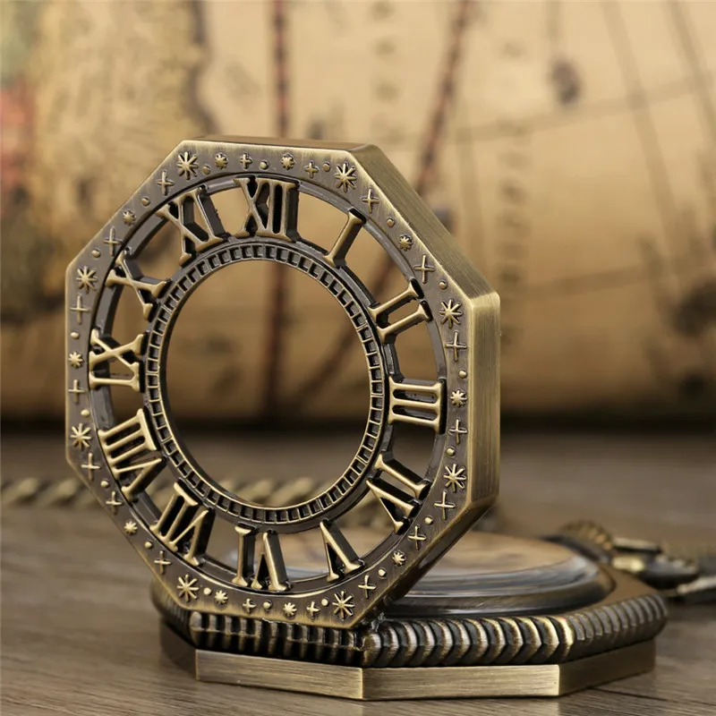 Bronze Hollow Octagon Design Men Women Skeleton Handwinding Mechanical Pocket Watch Roman Number Clock Pendant Chain Gift