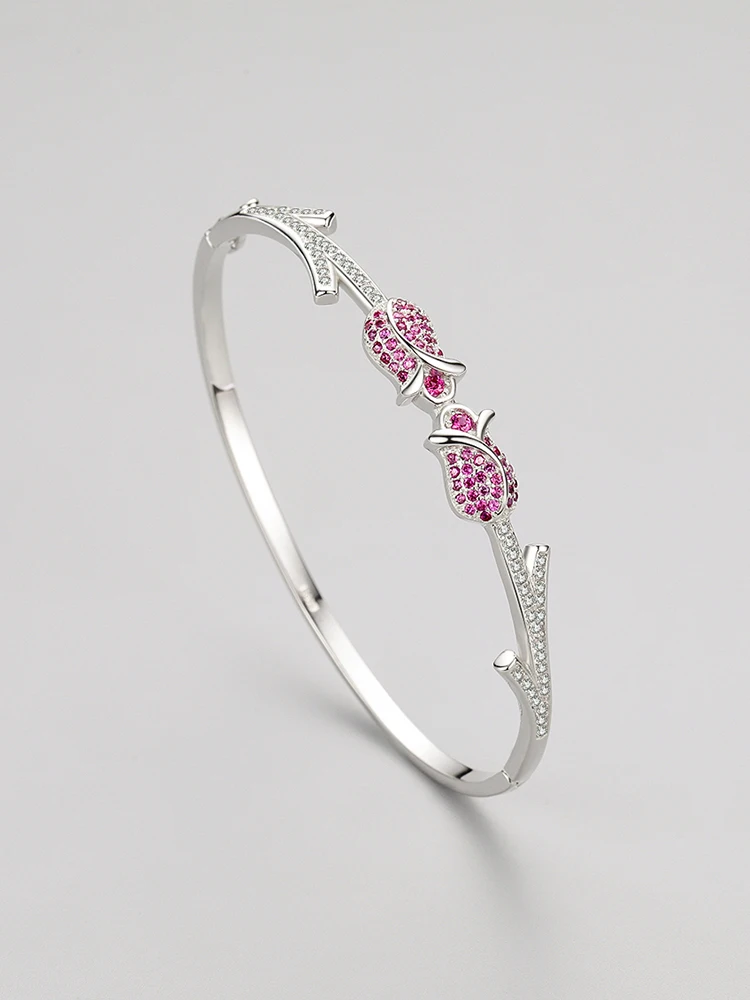 Ailmay autentyczne 925 Sterling Silver Fashion elegancka różowa przezroczysta cyrkonia Rose Flower bransoletki dla kobiet romantyczna biżuteria ślubna — zdjęcie 2