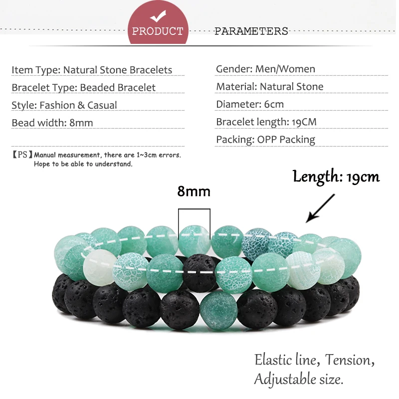 1-2PCS Natural Lava Stone Beaded Bracelets Set