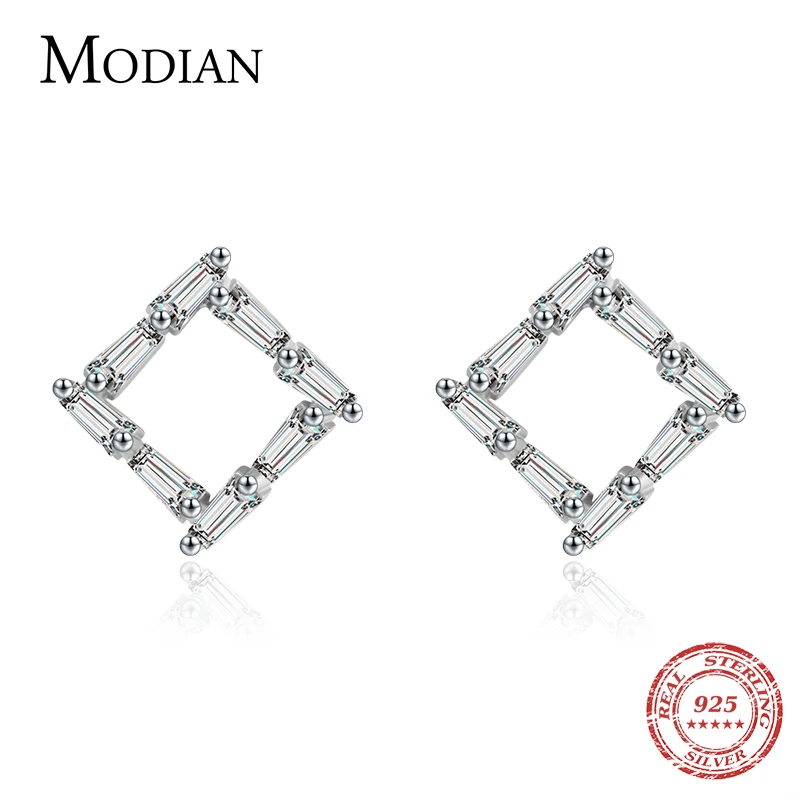 Modian Genuine 925 Sterling Silver Simple Square With Trapezoid Clear CZ Stud Earrings for Women Girl Anti-allergy Jewelry