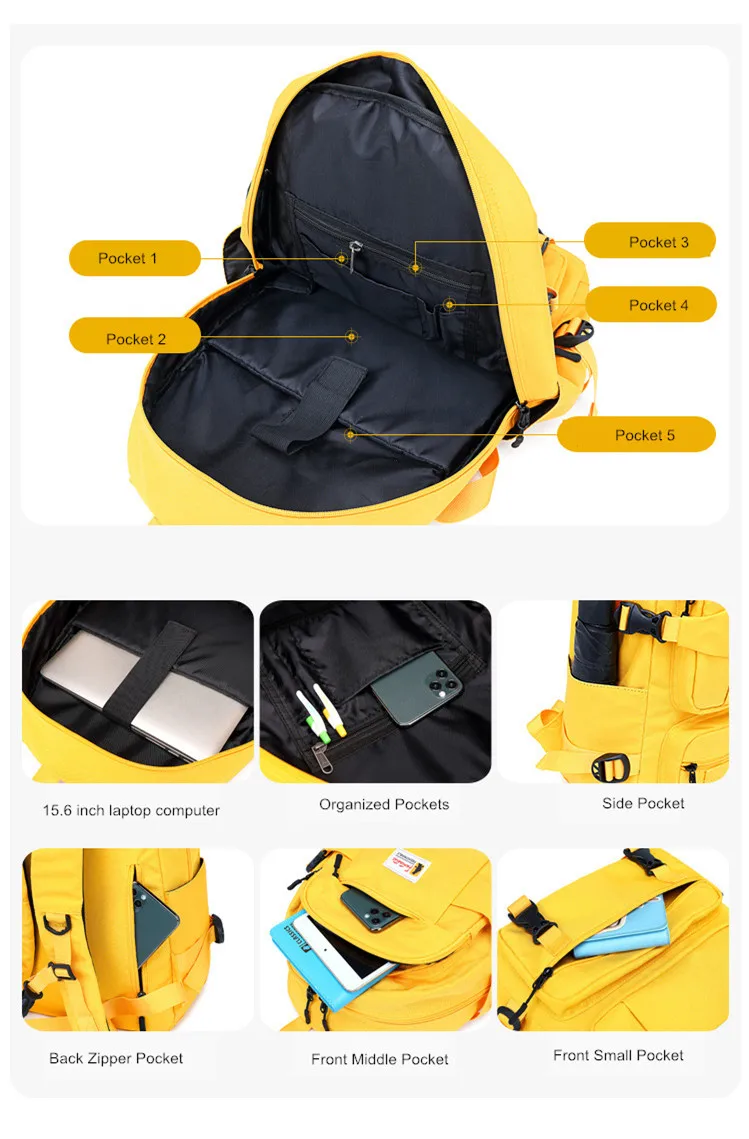 Imagem -05 - Mochila Impermeável para Meninas Bolsa de Escola para Mulheres Bagpack Amarelo Bagpack Estilo Coreano Alta Qualidade Elegante Novo