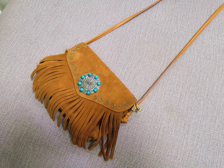 Female Genuine Leather Bohemian Gypsy Handbag 2024 Fashion Natural Suede Fringes Tribal Boho Chic Small Messenger Bag for Women