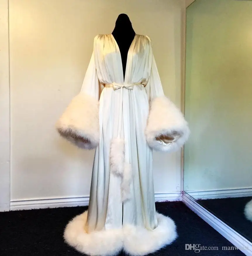 Women Winter Robe Nightgown Bathrobe Pajamas Sleepwear With Fur Train Long Sleeve Jackets Wedding Bridesmaid Shawel