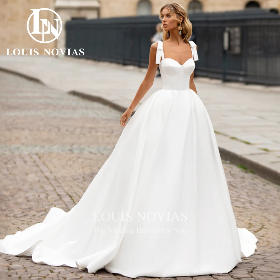 Louis novias vestido de casamento de cetim sexy querida cintas de espaguete arco tribunal trem simples vestido de baile vestido de noiva novia