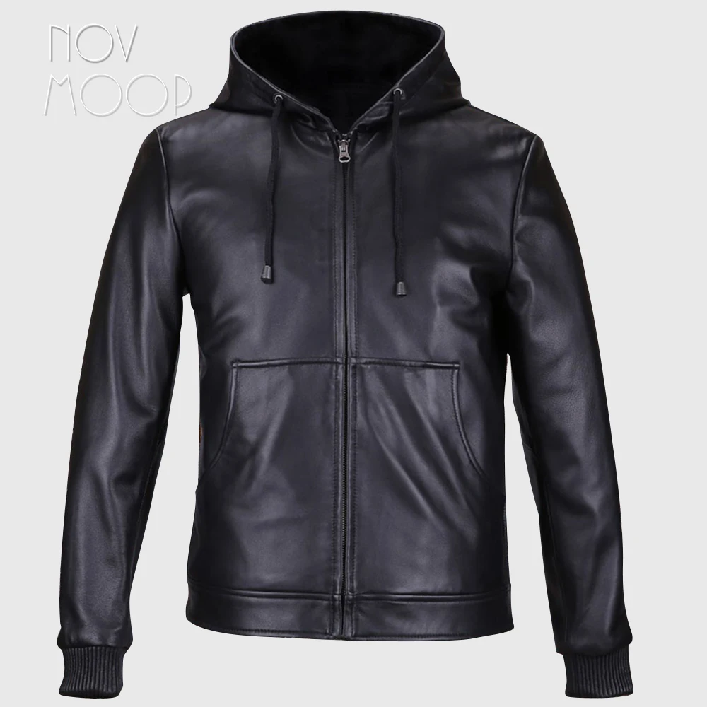 Black genuine leather jackets coats men heavyweight lambskin hooded motorcycle jacket veste cuir homme 2 patch pockets LT559