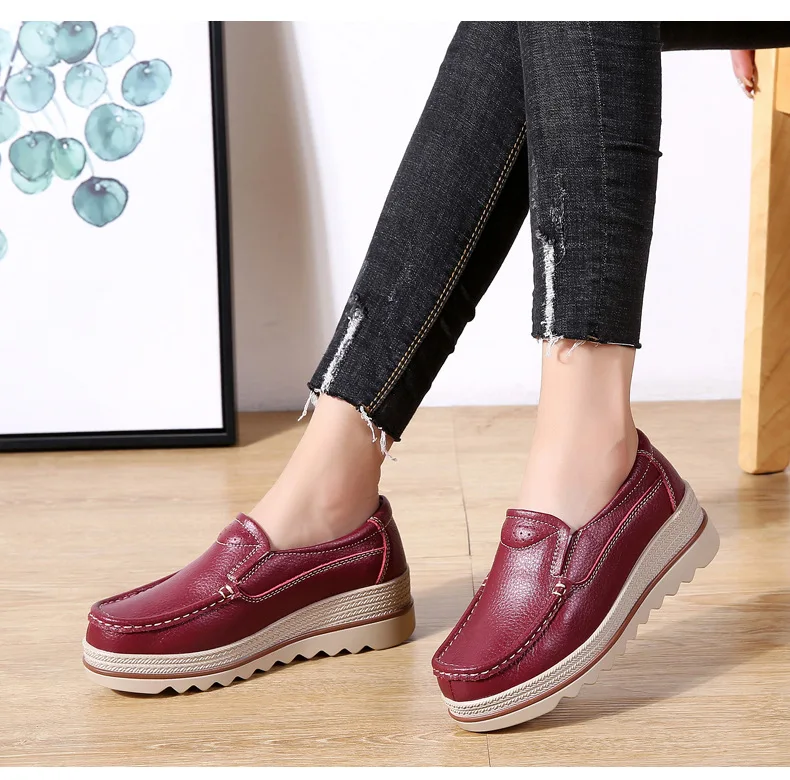 

Autumn Women Leather wedge heel casual Shoes Solid color Sneakers Shoes Women Creepers women Genuine Leather Ladies Loafers