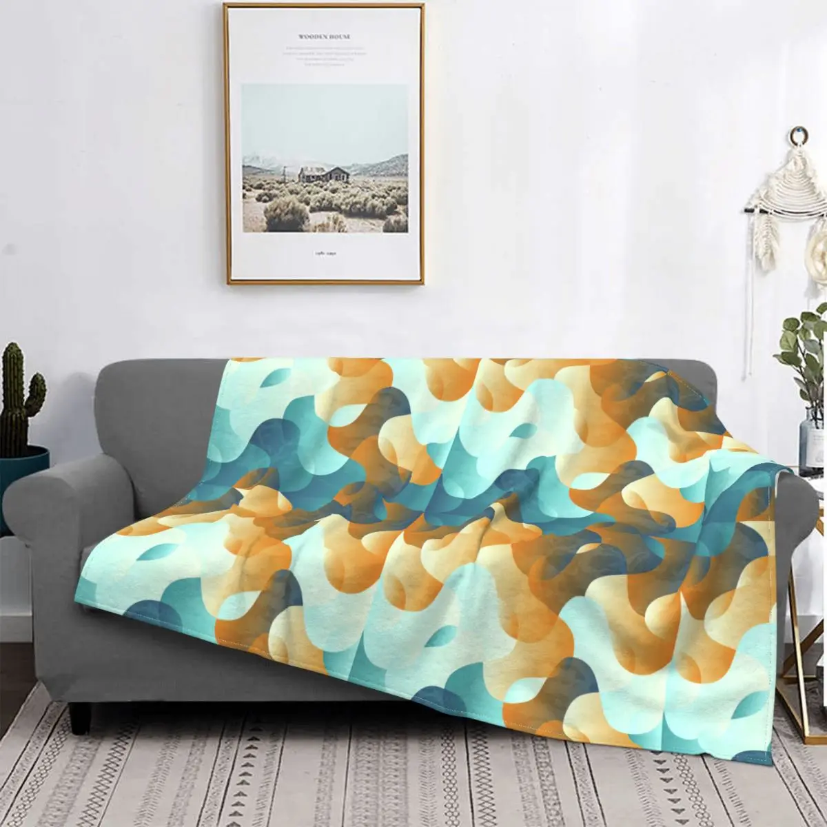 

Vintage Abstract Wave Blue And Brown Blankets Fleece Decoration Ultra-Soft Throw Blankets for Bedding Bedroom Plush Thin Quilt