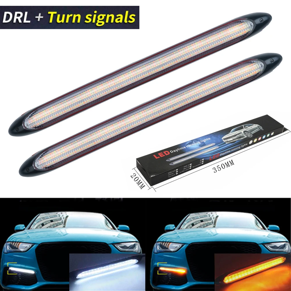 2pcs LED Car DRL Daytime Running Lights Strip Waterproof Exterior Parts Auto Headlight Sequential Turn Yellow Flow Day Light 12V