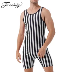 Men Pajamas Jumpsuit Homewear Striped Sleeveless Comfortable Leisure Sleepwear Rompers Nightwear Wrestling Singlet Bodysuit