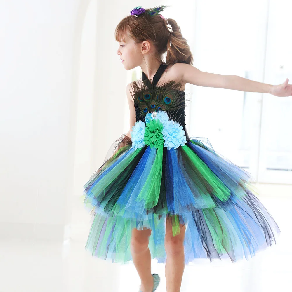 NEW Flower Feathers Girls Peacock Tutu Dress Kids Tulle Princess Peacock Costume for Girls Pageant Halloween Birthday Party Gown