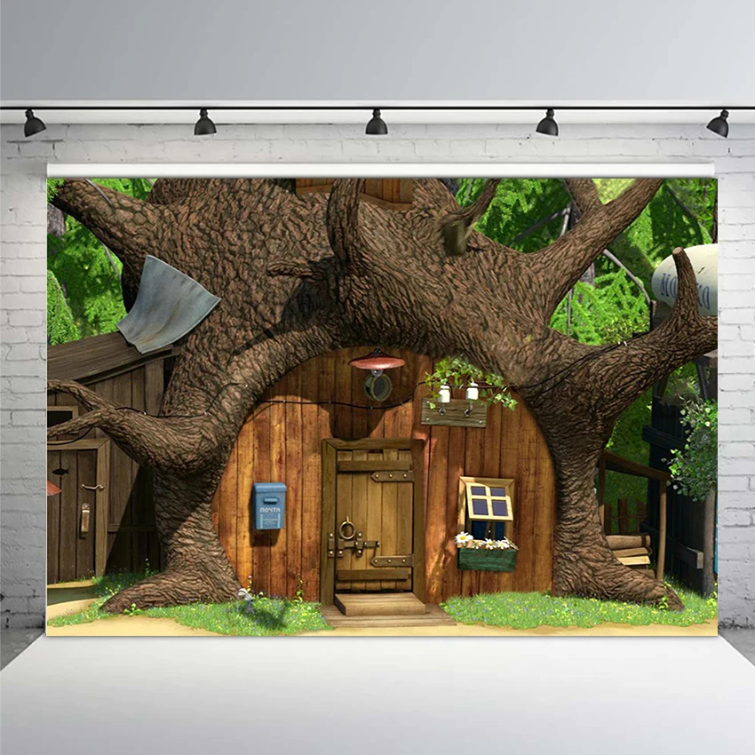 Cartoon Bear Forest Green Garden Tree House Trunk Custom Photo Studio Seamless Background Backdrop Vinyl Photo Backdrop