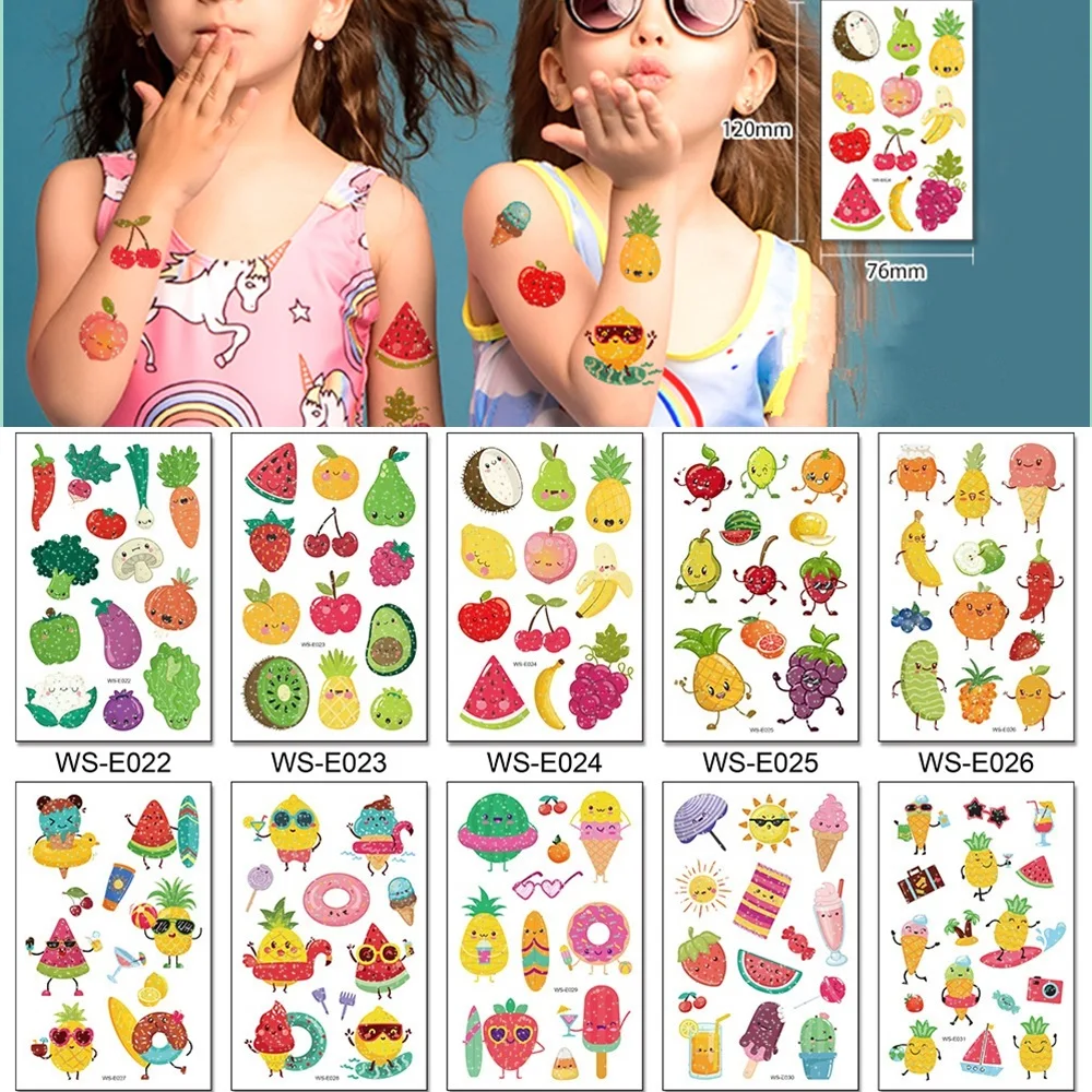 10 Kinds Glitter Powder Children Tattoo Cartoon Fruits Cute Makeup Temporary Body Arm Stickers Disposable Tatouage Temporaire