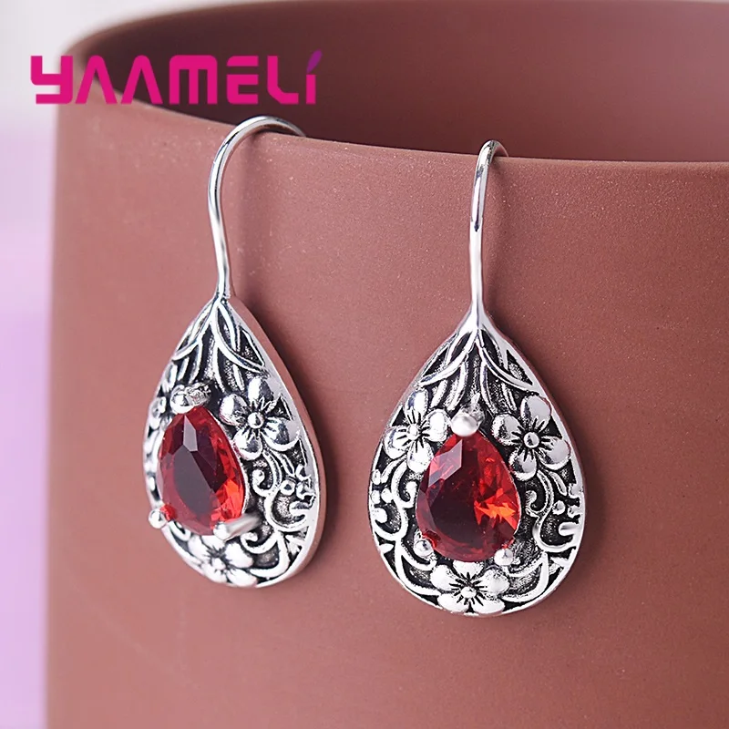 Retro Palace Royal Style Waterdrop Earring for Women Antique 925 Sterling Silver Red Zircon Flower Carving Pendientes