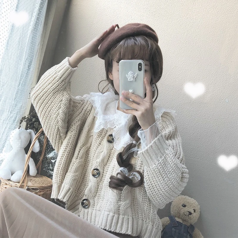 Soft girl Japanese sweater women autumn and winter loose wearing knitted cardigan jacket doll collar lace bottoming shirt suit