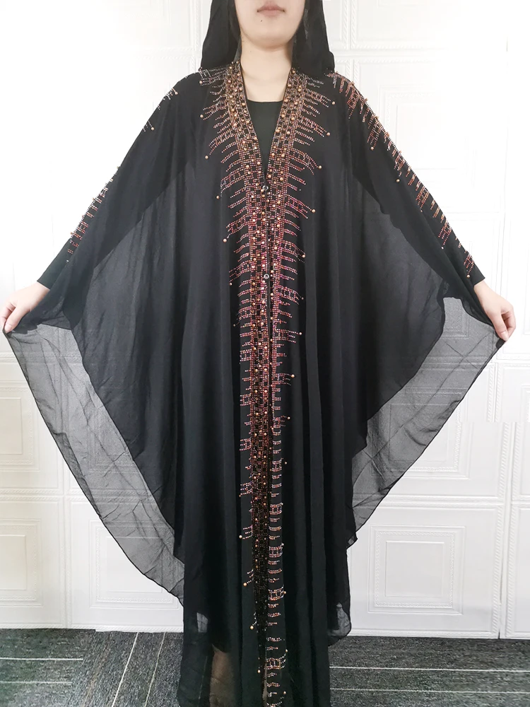 Muslim Black Abaya Dress Chiffon Abayas For Women Dubai Clothing 2021 African Fashion Embellished Dresses Hijab Femme Robe