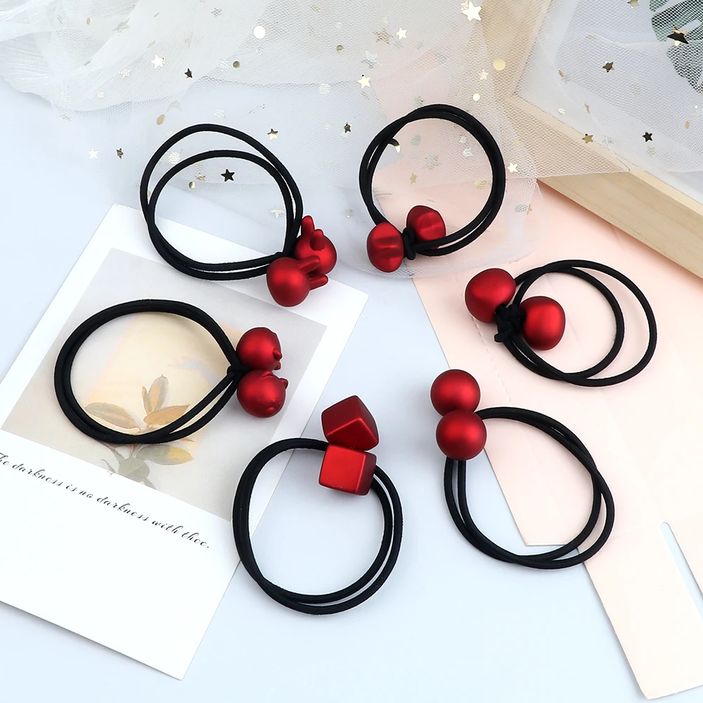 Red Matte Pendant Hair Band Accessories Cartoon Rabbit Bear Hair Ties Heart Cube Ball Scrunchie Women Girl High Elastic Headband