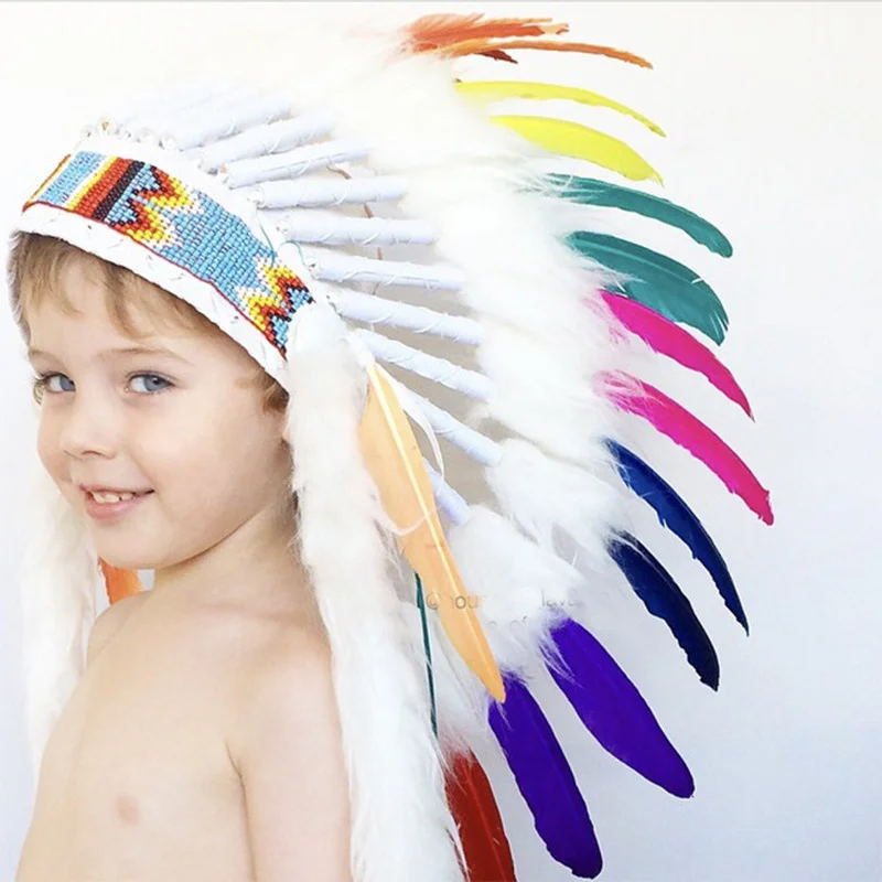 Indian Style Feather Headdress Hat Halloween Decoration Headwear Garland For Baby Girl Boys Villus Chiefs Cap Photography Props