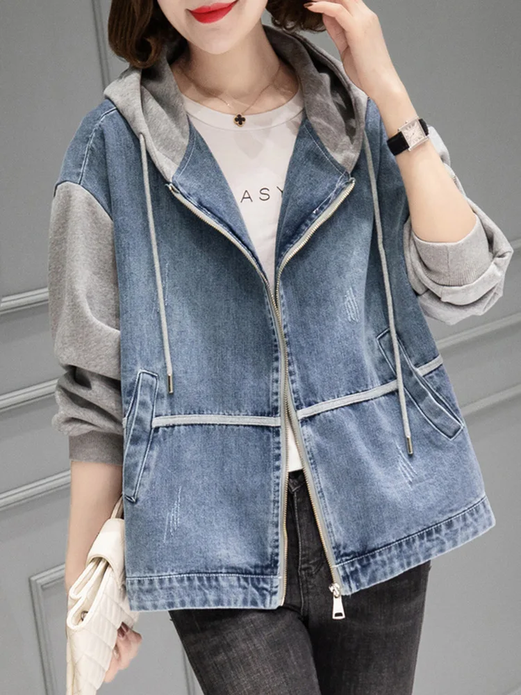 Spring Autumn Hooded Denim Jackets 2021 New Korean Style Patchwork Casual Jean Coat Women Fashion Oversized Loose Outerwear