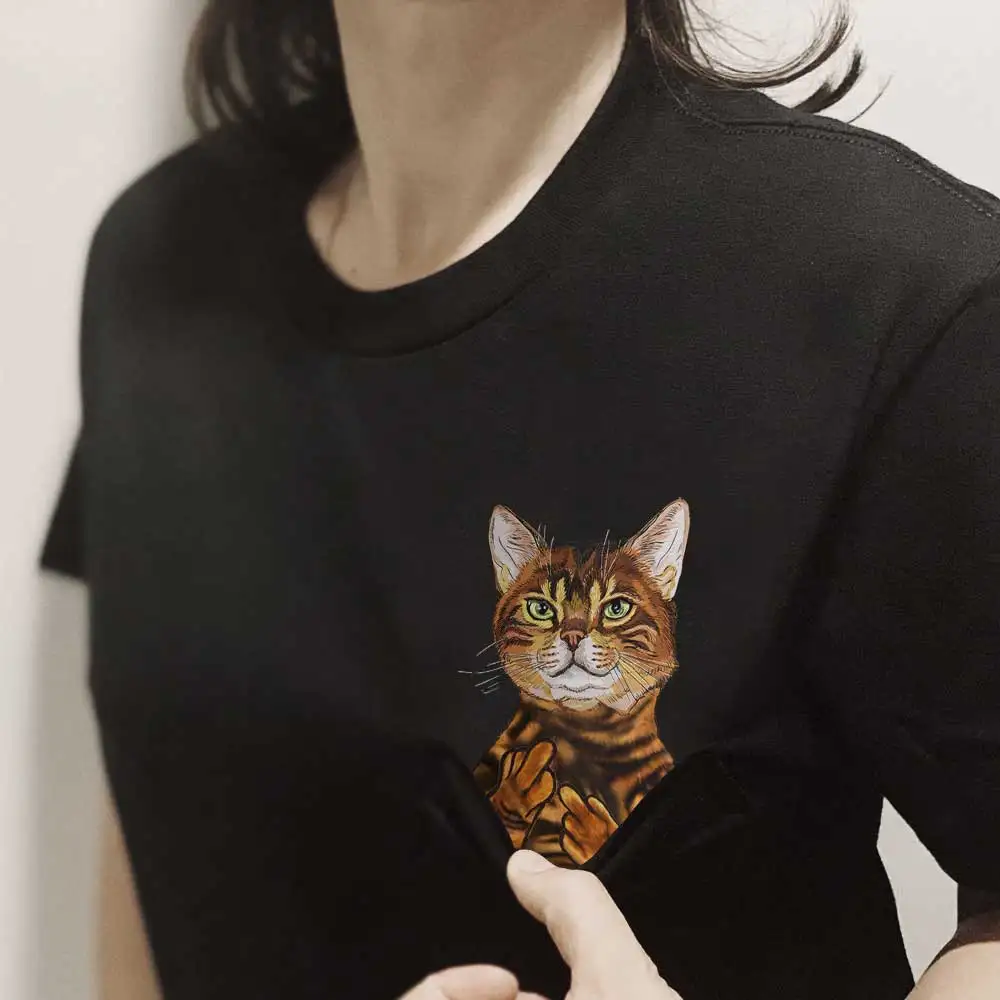 Camiseta de algodón a la moda, nueva camiseta con estampado 3D de gato y dedo medio con bolsillo, camisetas negras de Hip Hop, camisetas divertidas