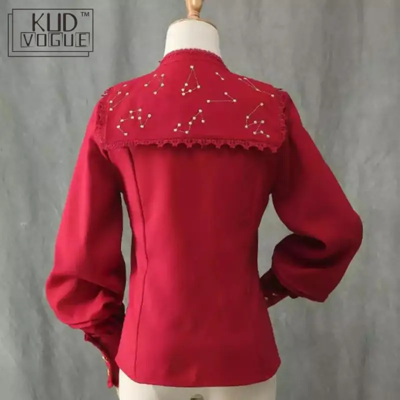 Vintage Embroidery Gold Star Lolita Blouse Women\'s Lace Long Flare Sleeve Chiffon Shirt Ruffle Gothic Blouse Red Black White Top