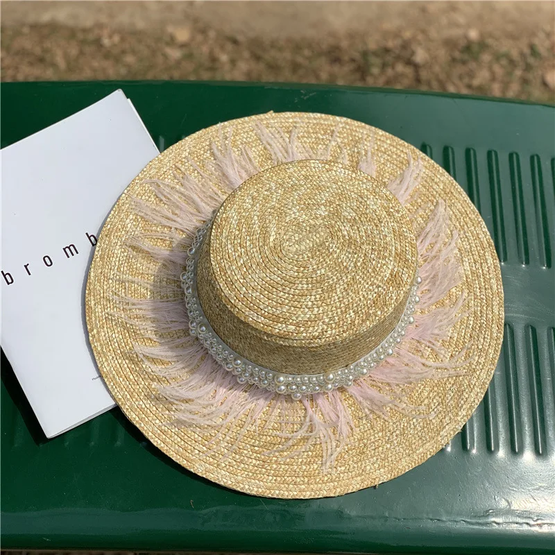 Wide Brim Straw Hat Leather Pearl Decoration Flat Top Summer Hat for Women Fashion Beach Hat Jazz Panama Hat Kentucky Derby Hat