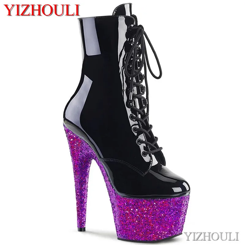 

Pole dancing performance, flash material bag with waterproof platform, 15cm high ankle boots, sexy model dancing shoes