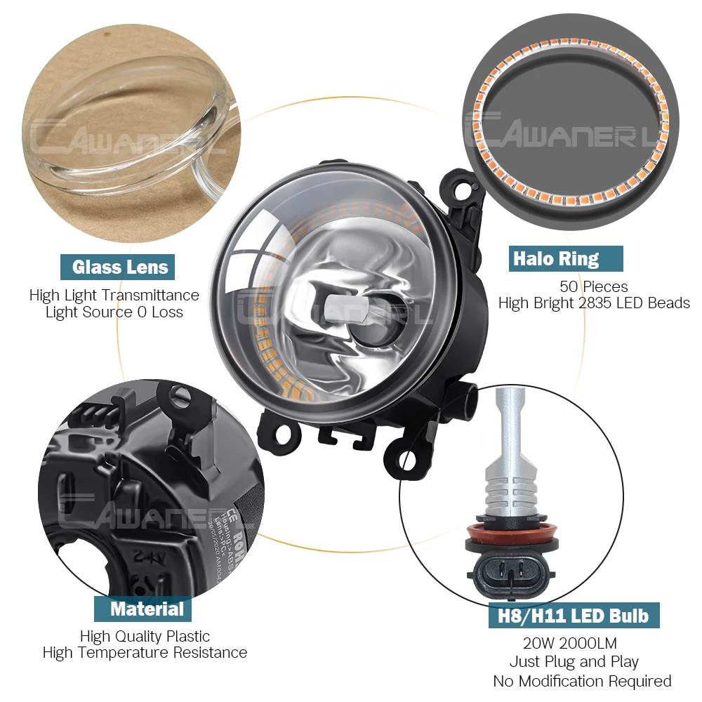 2 X Car Right + Left Angel Eye Fog Light Assembly For Renault Megane II III 2002-2015 Halo Ring Fog Daytime Running Lamp DRL 12V