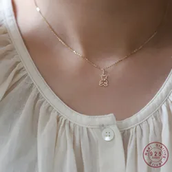 S925 Sterling Silver 14k Gold Plated Necklace Hollow Cute Bow Bear Pendant Clavicle Chain  for Women Jewelry Gift