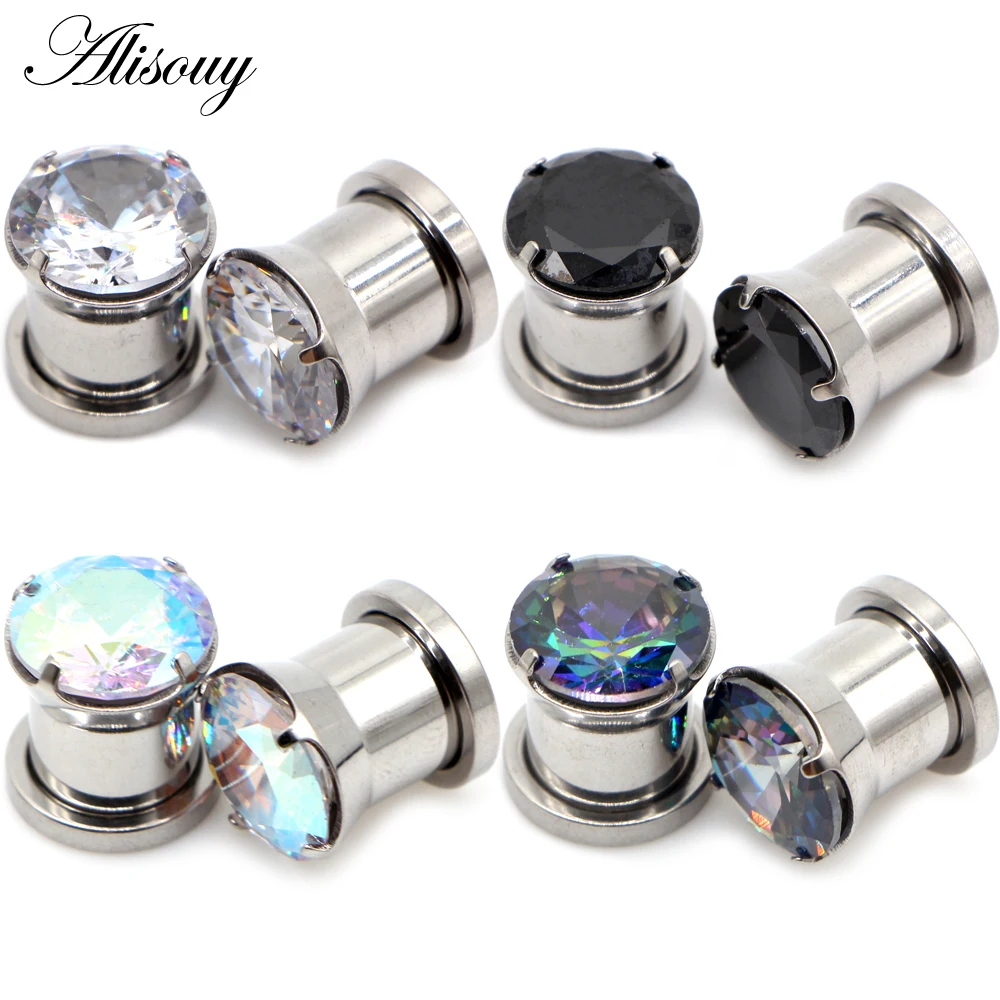 Alisouy 2pcs Stainless Steel Round Zircon CZ Screw Ear Gauges Plugs Tunnel Expander Earring Stretcher Piercing Body Jewelry