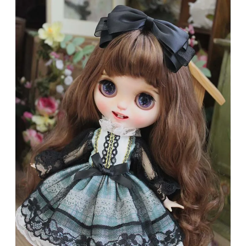 Blyth Doll Clothes light blue check Dress + Hair Clips Bowknot Court Retro Style  doll accessories doll clothes lace dress