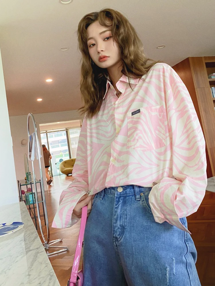 Jielur New Women's Shirt Loose Long Sleeve Blouse Turn-Down Collar Top Pink Blouses BF Pockets Vintage Shirt Blusa Feminina S-L