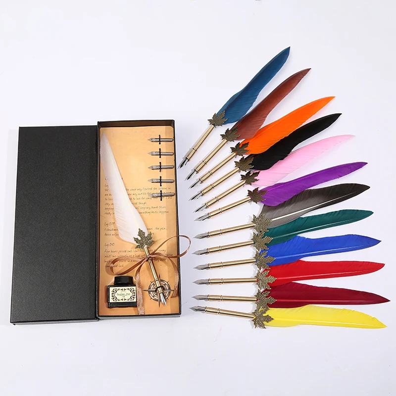 European retro leaf pole feather pen pen + five replacement nib + one bottle of ink