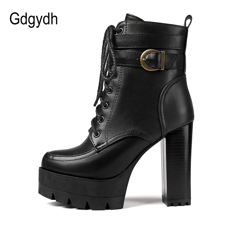 Gdgydh 2022 Russian Hot Sales Women Shoes Thick Platform High Heel Female Ankle Boots Round Toe Lace up Zipper Motorcycle Boots