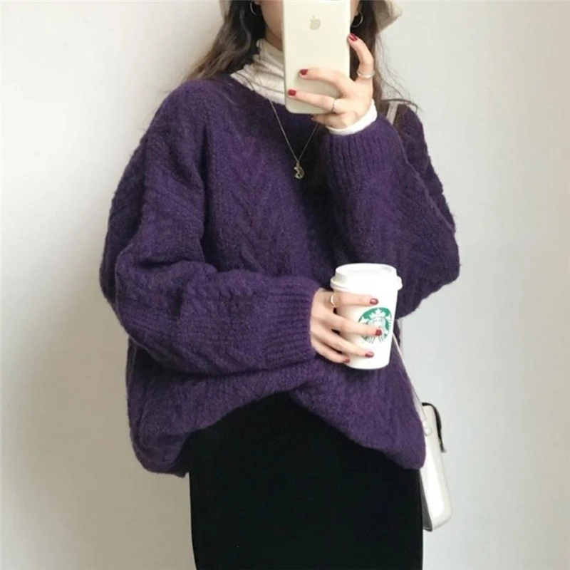 

Pullovers Women Vintage Purple Harajuku Simple Ulzzang Trendy Ladies Knitwear Long Sleeve Winter Fall Basic Femme Chic Sweaters