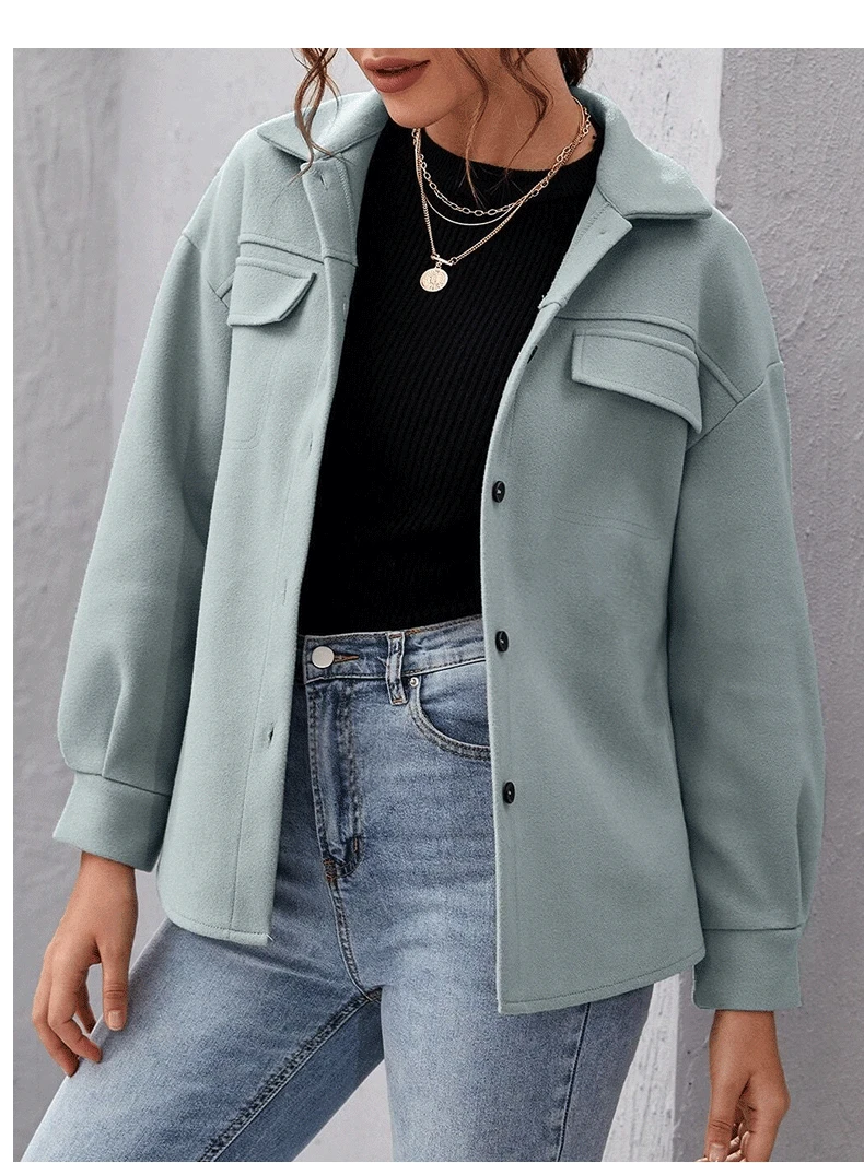 Damen-Knopf-Hemd-Jacke Umdrehung kragen-Mantel mit langen Ärmeln-Tasche Freizeit-Lose Streetwear Herbst-Mode